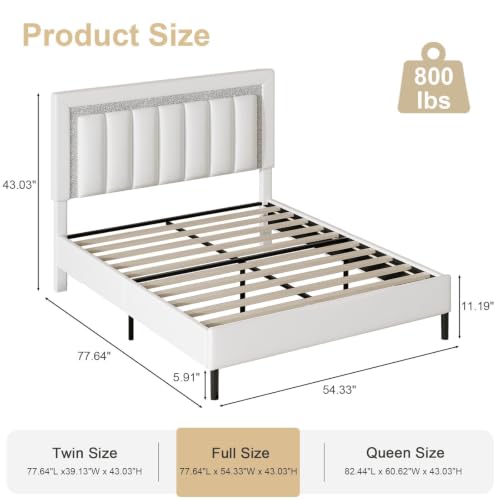 HOMBCK Full Bed Frame with Faux Leather Upholstered Headboard | Bed Frame Full Size with Diamond Vertical Design, No Box Spring Needed, Under Bed Storage, Easy Assembly, White - color: White, size: Full
