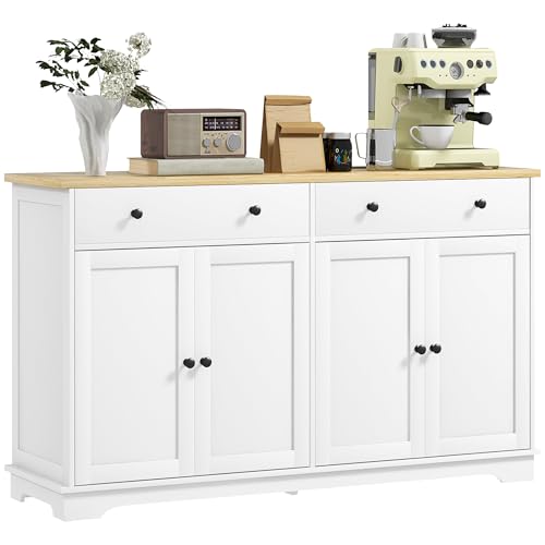 HOMCOM Sideboard Buffet Cabinet Solid Wood Countertop 55" White | Modern Kitchen Storage, Coffee Bar Cabinet, 4 Drawers, 2 Doors, 2 Adjustable Shelf - color: White, size: 55.1" x 15.7" x 33.5"