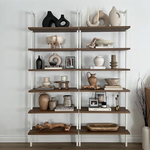 Nathan James Theo 6-Shelf Tall Bookcase, Wall Mount Bookshelf with Natural Wood Finish and Industrial Metal Frame, Rustic Oak/White, Set of 4 - color: Oak/Matte White, size: Set of 4