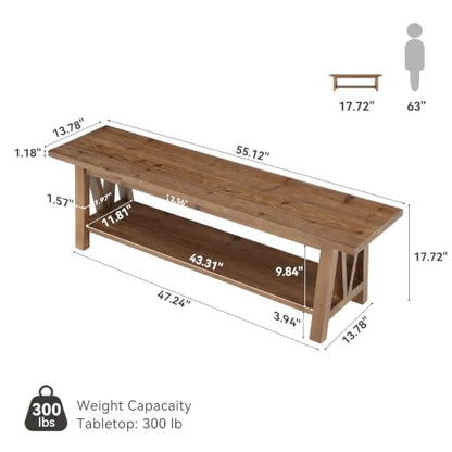 LITTLE TREE 55" Solid Wood Entryway Bench with Storage Shelf | Farmhouse Rustic Shoe Storage Bench Seat for Hallway, Living Room, Bedroom & Mudroom