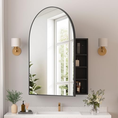 Medicine Cabinets for Bathroom, Black Arched Medicine Cabinet Recessed or Surface Wall-Mounted,Modern Bathroom Vanity Mirror with Storage, Mirrored Cabinet with Adjustable Shelves,24x36 Inch - color: Black, size: 24*36inch
