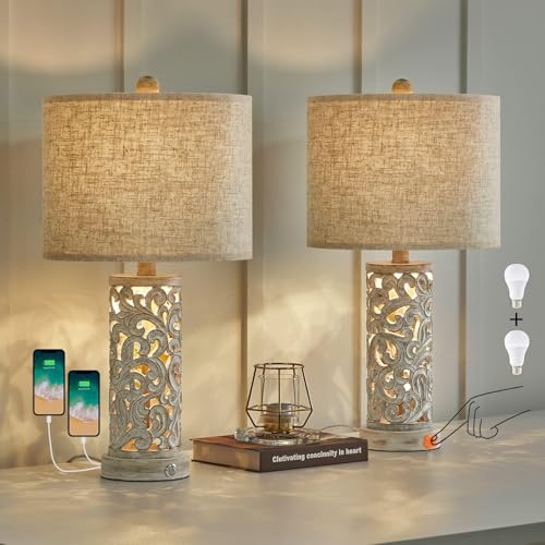Bedside Table Lamps Set of 2 with USB & Night Light, 22'' Dimmable Touch Lamps for Nightstand, Farmhouse Lamps for Bedroom Living Room Home Offce (Bulb Included) - color: Rustic Grey