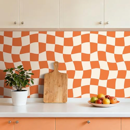 Retro Checkered Wallpaper Peel and Stick Burnt Orange Beige Pink Checkered Contact Paper Waterproof 70s Groovy Mid Century Modern Geometric Wallpaper MCM Wavy Checkerboard Desk Wrap 17.5x80 - size: 17.5" x 80"
