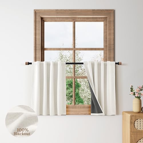 White 100% Blackout Kitchen Linen Curtains Back Tab Pleated Small Drape 24 Inch Length Privacy Elegant Modern Cafe Curtain for Rustic Farmhouse Sound Proof Bedroom Half Window 26x24 - color: White, size: 26"W x 24"L (Pack of 2)