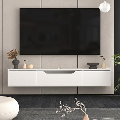 Atelier Mobili Floating TV Stand for Up to 80 Inch TVs – Wall Mounted Media Console with Handle-Free Doors – Modern Entertainment Center with Hidden Storage – White and Oak Finishes (White) - color: White