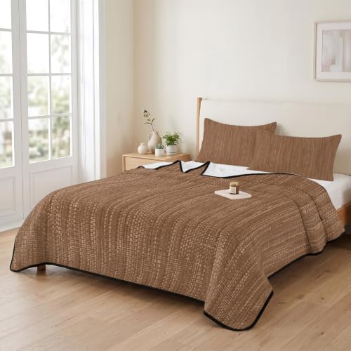 Chucoco Queen Quilt Bedding Set, Minimalist Brown Farmhouse Lightweight Coverlet Summer Comforter Set Soft Microfiber Bedspread, Crosshatch Linen Textured 3 Piece Quilt Set with 2 Pillow Shams - color: Walnut Brown, size: 90x96in