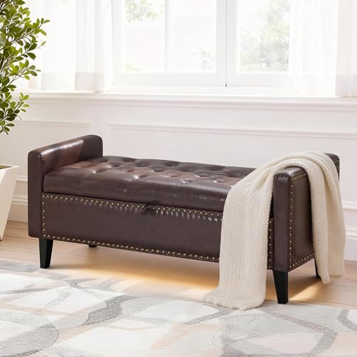 47'' Leather Storage Ottoman Bench, End of Bed Storage Bench with Wooden Legs, Upholstered Tufted Ottoman with Storage for Bedroom, Living Room, Entryway, Dark Brown - color: Pu-dark Brown