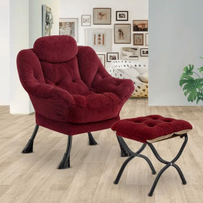 Lazy Chair with Folding Ottoman,Leisure Sofa Chair,Soft Fabric Armchair with Armrests and Side Pockets, Reading Chair with Footrest for Living Room, Bedroom, Office (Plush Red) - color: Plush Red