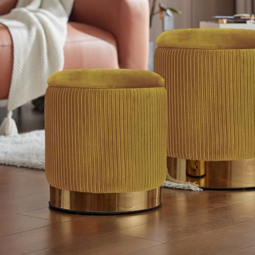 YYW HOME Round Ottoman with Storage Set of 2 Green Velvet Vanity Stool | Removable Lid, Gold and Green Ottoman,Hidden Storage Stool, Small Coffee Table for Living Room,Nest Packing, Assembly Free - color: Yellow