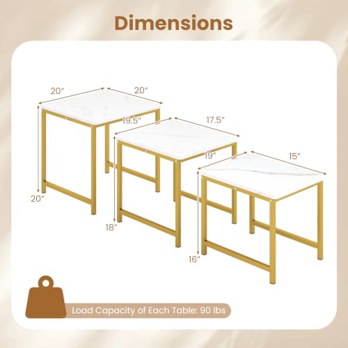 Giantex Nesting Coffee Table Set of 3, Small Center Tables, White | Faux Marble Coffee Table with Metal Frame, Space-Saving Stacking End Table for Small Space - color: White & Gold