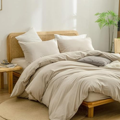 BESTOUCH Cotton Solid Duvet Cover Set Almond Milk Grey Oversized Full | 100% Washed Cotton, Soft Wrinkle Texture, Hidden Zipper, 8 Ties, Breathable Lightweight Durable Comfy, 3 Pcs No Insert - color: Almond Milk Grey (No Comforter), size: Oversized Full (