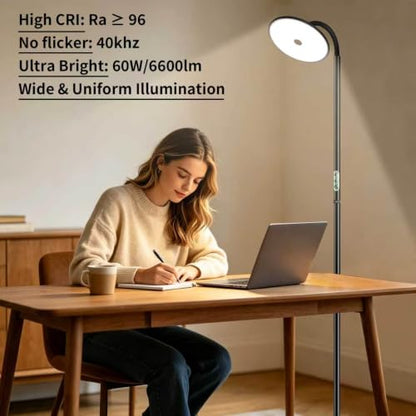 60W Torchiere Lamp, 76'' Dimmable Tall Lamp, Bright Sky Floor Lamp | 4000K, 360° Gooseneck, Height Adjustable, Touch Control, CRI 95, Aluminum Panel, for Living Room Bedroom Office Plant Light - color: Touch Control