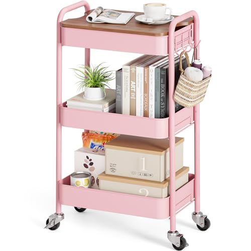 TOOLF 3 Tier Rolling Cart, Metal Utility Storage Cart with Wheels, Pink | Wooden Tabletop, 3 Hooks, Screwless Assembly, Lockable Wheels, Organizer for Bathroom, Kitchen, Office, Dorm, Craft Room - color: Pink