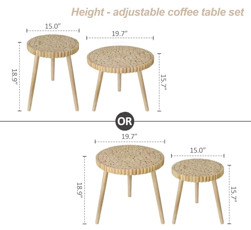 Round Coffee Table Set of 2, Farmhouse Nesting Coffee Table, Small Circle Wood Coffee Table, Mid Century Modern Nightstand, Boho Patio Side Table End Tables for Living Room Bedroom Balcony Outdoor - color: Farmhouse Style