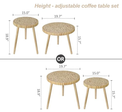 Round Coffee Table Set of 2, Farmhouse Nesting Coffee Table, Small Circle Wood Coffee Table, Mid Century Modern Nightstand, Boho Patio Side Table End Tables for Living Room Bedroom Balcony Outdoor - color: Farmhouse Style