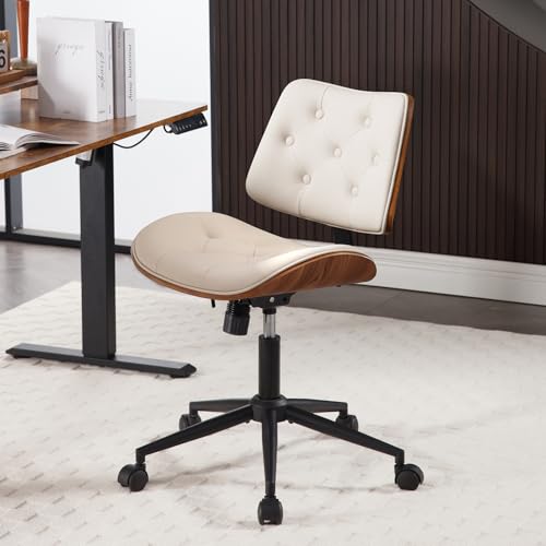 Armless Home Office Chair in Button Style, PU Leather Small, Beige | PU Leather Adjustable Height Computer Desk Chair, 360 Swivel Small No Arms Office Seat, Walnut Design Stool, 300LBS Cap - color: Beige, size: Button Style