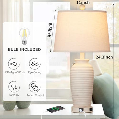 CINSARY 24.3" Farmhouse Jar Table Lamps Set of 2, 3 Way Touch Control Rustic Bedside Lamps with USB A+C Ports & AC Outlet, Pot Nightstand Lamps for Bedroom Living Room (LED Bulbs Included) - color: Cream