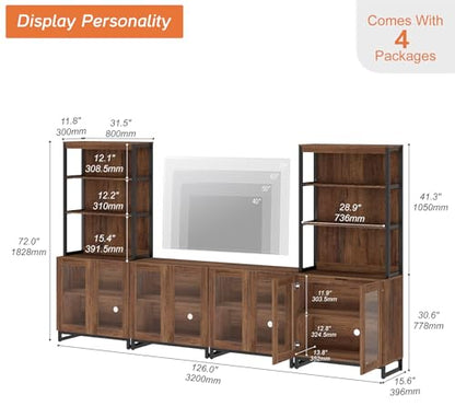 WAMPAT Modern TV Stand with 3 Tiers Bookshelf, Farmhouse Entertainment Center with 12 Drawers and Adjustable Shelf, Media TV Console with Black Metal Leg for Living Room, Begie - color: Brown-b