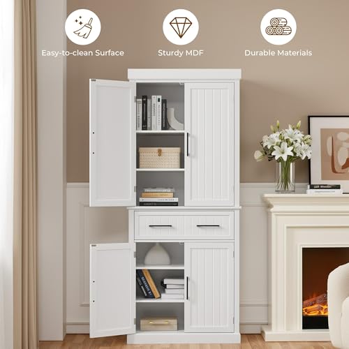 Yaheetech 72.5" H Freestanding 4-Door Kitchen Storage Cabinet,White | Stand up pantry with adjustable shelves and wide drawer in an engineered wood body for kitchen/Living Room