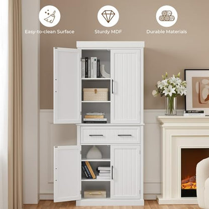 Yaheetech 72.5" H Freestanding 4-Door Kitchen Storage Cabinet,White | Stand up pantry with adjustable shelves and wide drawer in an engineered wood body for kitchen/Living Room