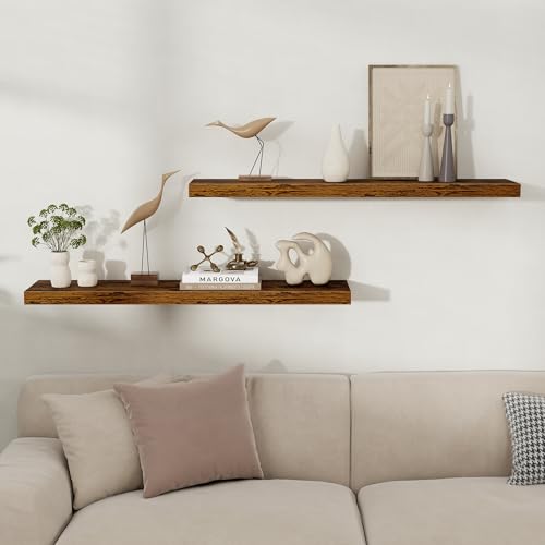Fun Memories Floating Shelves for Wall, 40 Inch Long Set of 2 Rustic Wood Wall Shelves with Invisible Brackets, Heavy Duty Storage Display for Living Room Bedroom Kitchen, Brown - color: Rustic Brown, size: 8"D x 40"L - 2Pack