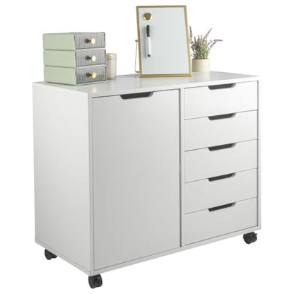 5 Drawer Office Storage Cabinet - Wooden Lateral File Cabinet with 5 Drawers, Door, and Adjustable Shelves - Rolling Printer Stand for Home Office Organization and Storage by Lavish Home (White)