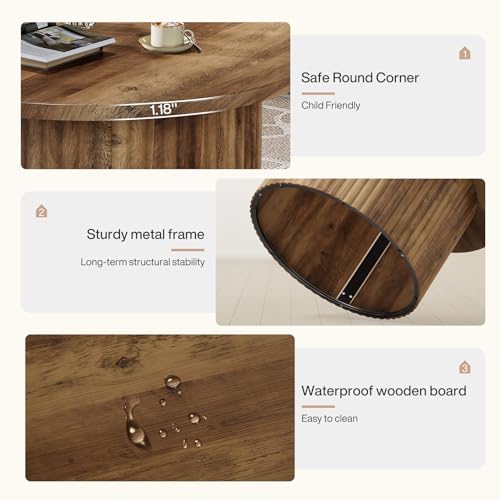 Tribesigns Round Coffee Table, 31.5" Farmhouse Circle Center Table with Fluted Drum Base & Wooden Grain Veneer Top, Modern Wooden Accent Cocktail Table for Small Space, Living Room, Apartment