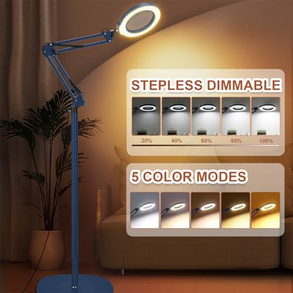 LANCOSC 15X Magnifying Glass with Light and Stand, 3-in-1 Adjustable Swing Floor Lamp, 5 Color Modes Stepless Dimmable, LED Lighted Hands Free Magnifier & Clamp for Reading, Crafts, Painting - Blue - color: Blue