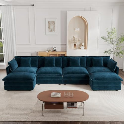 Modular Sectional Sofa, 146.5 Inch U Shaped Couch Set for Living Room, 4-Seater Comfy Cloud Couches with Two Movable Ottoman, DIY Combination, Chenille, Blue - color: Blue, size: 146.5 Inch- U