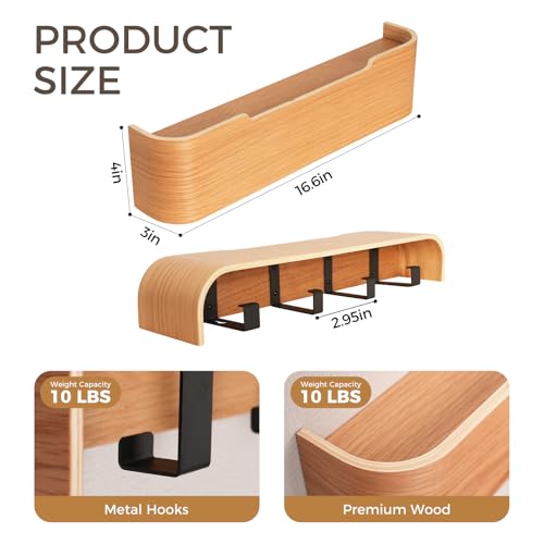 Coat Rack Wall Mount with Shelf Entryway Shelf Modern Key Holder Hanger Wall Shelves with Hidden Hooks for Hanging Towels Coats Hats Bags for Hallway Bathroom Bedroom(Oak, 4 Hooks) - color: Oak, size: 4 hooks