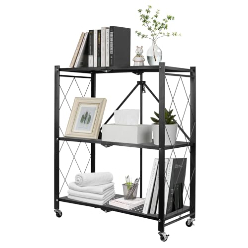 3-Tier Foldable Storage Shelf with Wheels, Metal Collapsible Shelving Unit, Rolling Utility Cart for Kitchen Pantry Closet Office, Pre-Assembled Storage Rack Organizer - size: 3-Tier