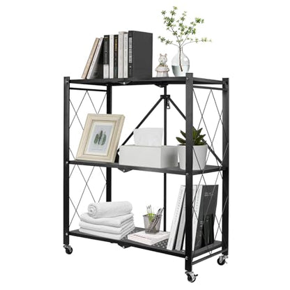 3-Tier Foldable Storage Shelf with Wheels, Metal Collapsible Shelving Unit, Rolling Utility Cart for Kitchen Pantry Closet Office, Pre-Assembled Storage Rack Organizer - size: 3-Tier