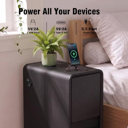 Modern Leather Nightstands of 2, Solid Wood Bedside Table with 2 Drawers & USB Charging Station, Small Preassembled End Table, Narrow Nightstand for Bedroom Living Room Office Black - color: Black, size: 8"