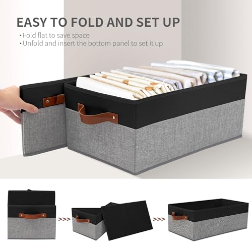 3 Pack Large Capacity Storage Bins Closet Organizer for Shelves | Fabric Closet Storage Baskets Boxes with Leather Handles for Organizing Clothes, Sheets, Jeans, Toys, Books (Black and Grey) - style: 3 Pack Black & Grey