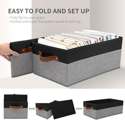 3 Pack Large Capacity Storage Bins Closet Organizer for Shelves | Fabric Closet Storage Baskets Boxes with Leather Handles for Organizing Clothes, Sheets, Jeans, Toys, Books (Black and Grey) - style: 3 Pack Black & Grey