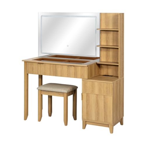 Vanity Desk with Stool, Mirror and Lights 3 Color, Makeup Vanity with Power Outlet, Dressing Table with Drawers, Storage Shelves, Adjustable Brightness, Naturel - color: Natural