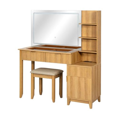 Vanity Desk with Stool, Mirror and Lights 3 Color, Makeup Vanity with Power Outlet, Dressing Table with Drawers, Storage Shelves, Adjustable Brightness, Naturel - color: Natural
