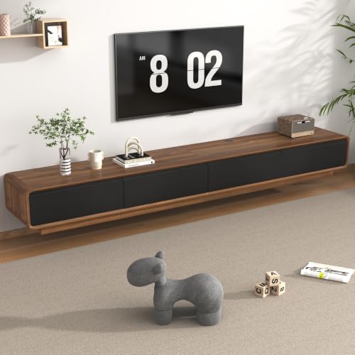 chartustriable 94.5" Minimalist Floating TV Stand for TVs up to 100 Inches, Modern Wall Mounted Media Console with 2 Drawers, Entertainment Center for Living Room, Walnut and Black - color: Walnut and Black, size: 94.5 Inch