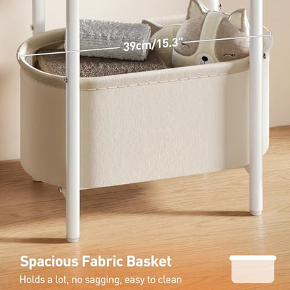 Small Round Side Table with Fabric Basket Storage, Oval End Table for Small Spaces, Modern Coffee Bedside Table, Couch Side Table for Living Room, 15.7" X 11.8" X 24", White and Beige 8601BZWT - color: White and Beige