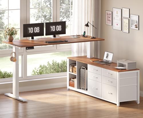 SEDETA L Shaped Electric Standing Desk, 55" x 55" Height Adjustable Office Executive Desk with 6 Fabric Drawers and Storage Shelves, Sit Stand Computer Desk with Power Outlet (White + Brown) - color: White + Brown