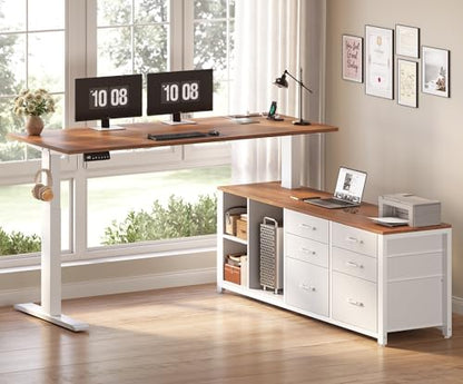 SEDETA L Shaped Electric Standing Desk, 55" x 55" Height Adjustable Office Executive Desk with 6 Fabric Drawers and Storage Shelves, Sit Stand Computer Desk with Power Outlet (White + Brown) - color: White + Brown