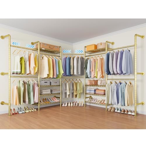 L5 Expandable Wall Mounted Clothes Rack for Corner, L Shape Heavy Duty Industrial Pipe Clothing Rack with 8 Adjustable Shelves & 4 Hanger Rods, Closet System for Hanging Clothes, Gold - color: Gold