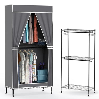 2 Tier Rolling Garment Racks with Cover, 35.43'' x 17.13'' x 72.44'' Portable Wardrobe Closet Covered Clothing Rack with Wheels Hooks for Bedroom Laundry Living Room - size: 35.43"D x 17.13"W x 72.44"H