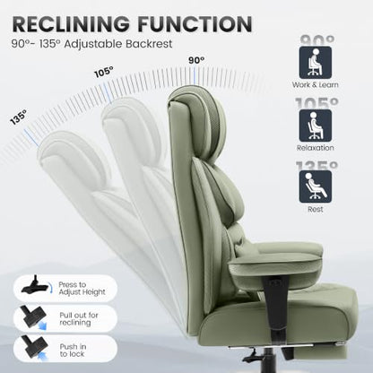 BestGlory Office Desk Chair, Big and Tall Leather Gaming Chair with Footrest, Wide Ergonomic Comfy Executive High-Back Reclining Computer Chairs, Swivel Rolling Wheels and Padded Lumbar Support, Green - color: Green, style: 3 Position Reclining