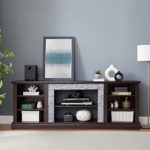 70 inch TV Stand for 75 inch TV, Cherry Wood Media Console with Faux Stacked Stone Surround, Large Entertainment Center with Storage Cabinets and 6 Cable Management Holes for Living Room - color: Cherry