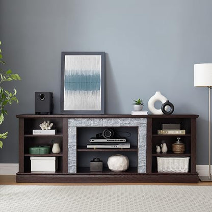 70 inch TV Stand for 75 inch TV, Cherry Wood Media Console with Faux Stacked Stone Surround, Large Entertainment Center with Storage Cabinets and 6 Cable Management Holes for Living Room - color: Cherry