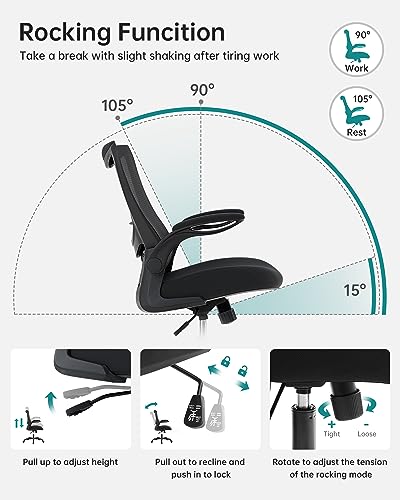 Office Chair, Ergonomic Desk Chair with Adjustable Lumbar Support and Flip up Armrest, Breathable Mesh Computer Chair for Home Office, Black - color: Black