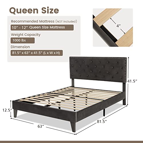 Upholstered Queen Bed Frame, Velvet Mattress Foundation w/Solid Wooden Slats Support, Button Tufted & Nailhead Trim Headboard, No Box Spring Needed, Easy Assembly, Low Platform Bed Frame - size: Queen (U.S. Standard)