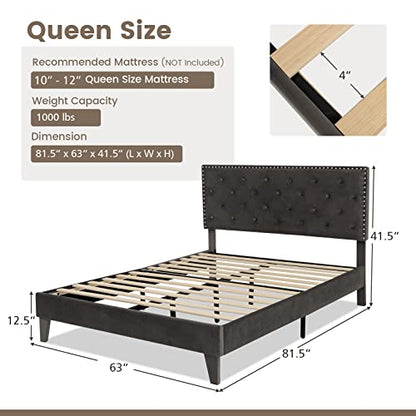 Upholstered Queen Bed Frame, Velvet Mattress Foundation w/Solid Wooden Slats Support, Button Tufted & Nailhead Trim Headboard, No Box Spring Needed, Easy Assembly, Low Platform Bed Frame - size: Queen (U.S. Standard)