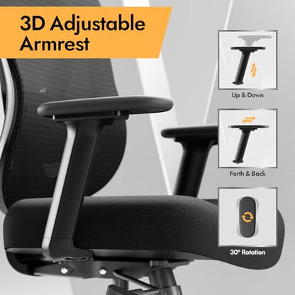 Ergonomic Mesh Office Chair - 3D Adjustable Lumbar Support & 3D Armrests, V-Shaped Back, Adjustable Desk Chair for Office & Home, Black - color: Black